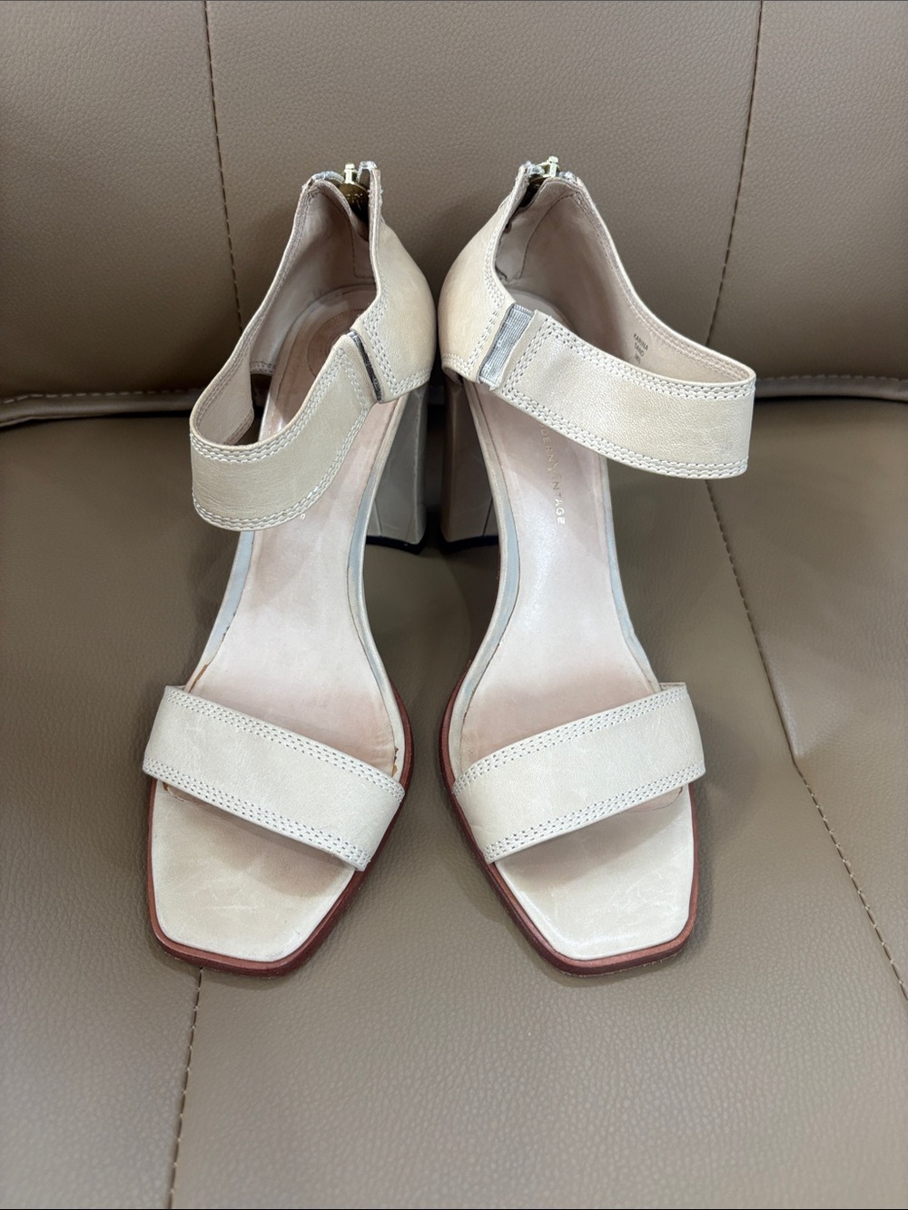 Modern Vintage Cream Ankle-Strap Block Heels